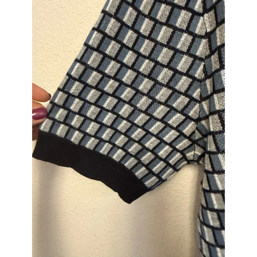Elie Tahari Mens Blue Black Geometric Knit Polo Shirt Short Sleeve Wool Blend L